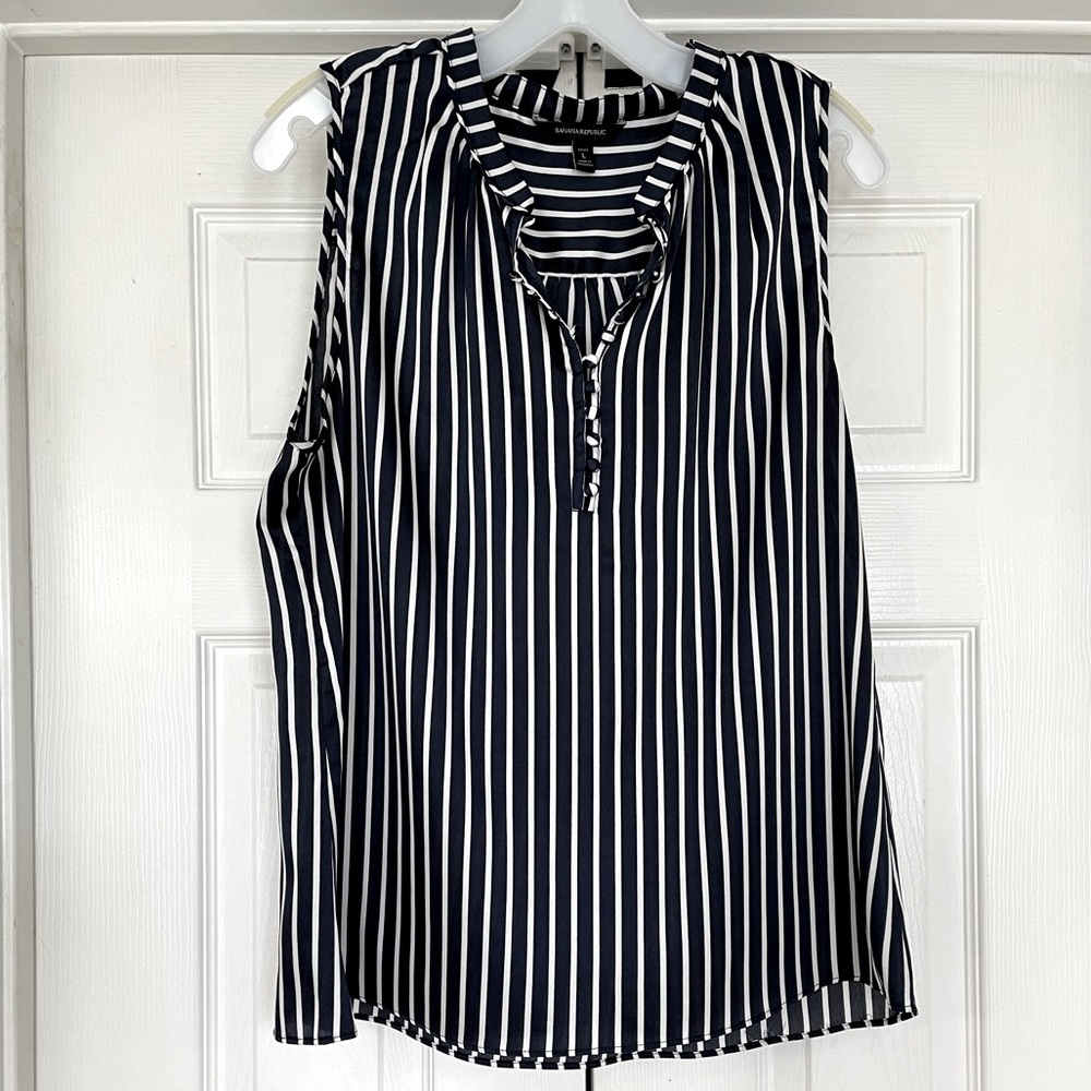 Petite striped covered button sleeveless blouse